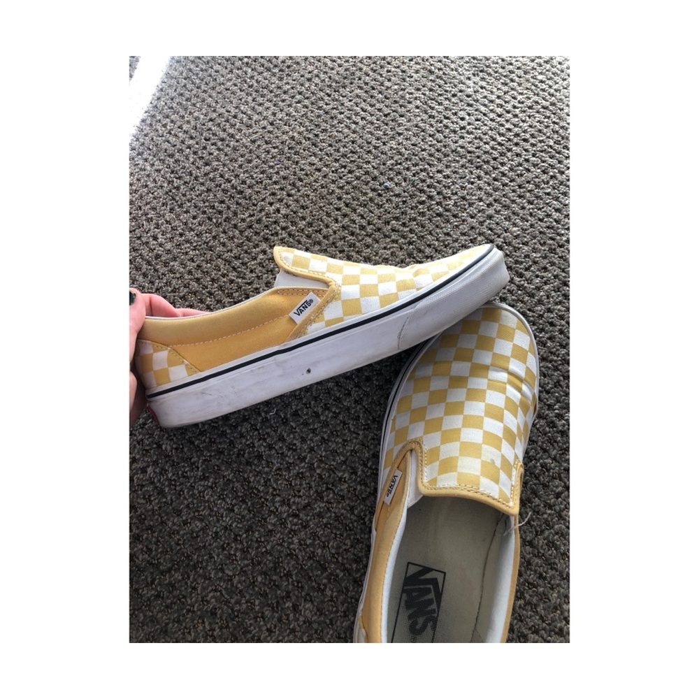 Yellow and white checkered slip on Vans